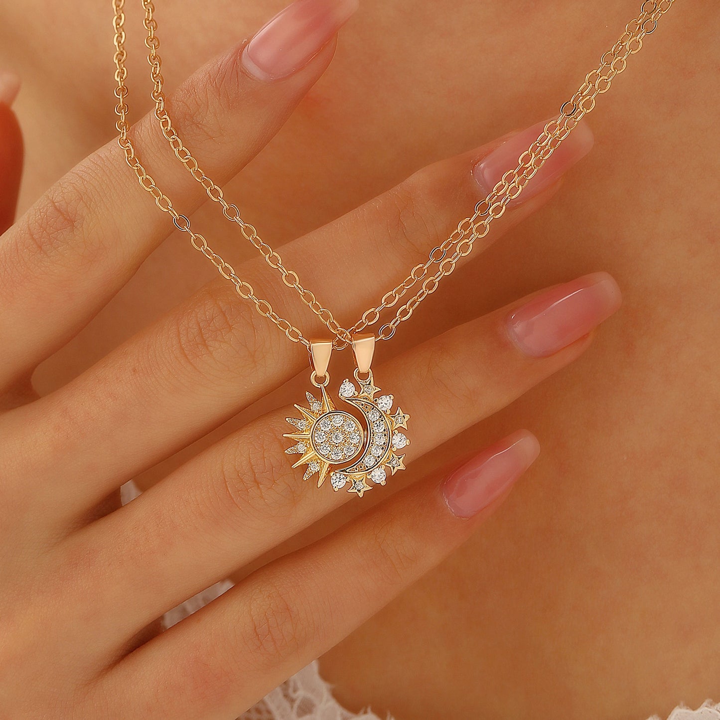 2pcs Necklace Sun And Moon Magnetic Pendant Clavicle Chain Necklace